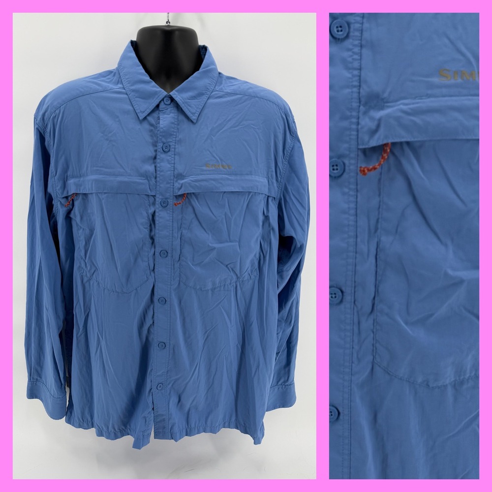 Simms COR3 Fishing Shirt Mens XL Blue Long Sleeve Vented UPF Sun‎ Performance
